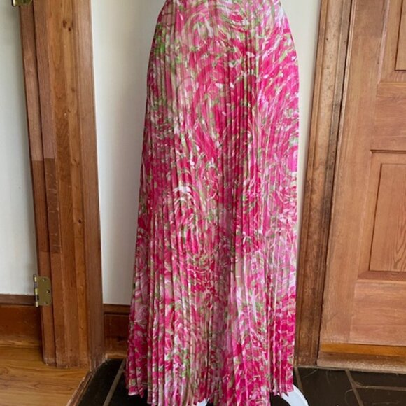 RUBY RD. Pleated Elastic Waist Pink Green Swirl Print Maxi Skirt 10 - Picture 3 of 15